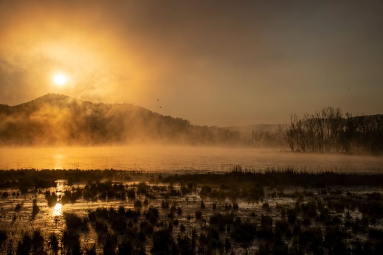Serene sunrise with mist over a tranquil lake in Tell, Wisconsin, USA.