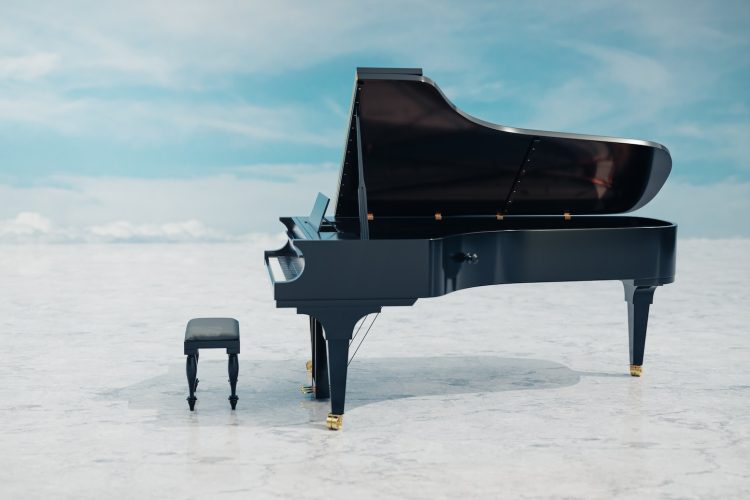 a black piano sitting on top of a white floor
